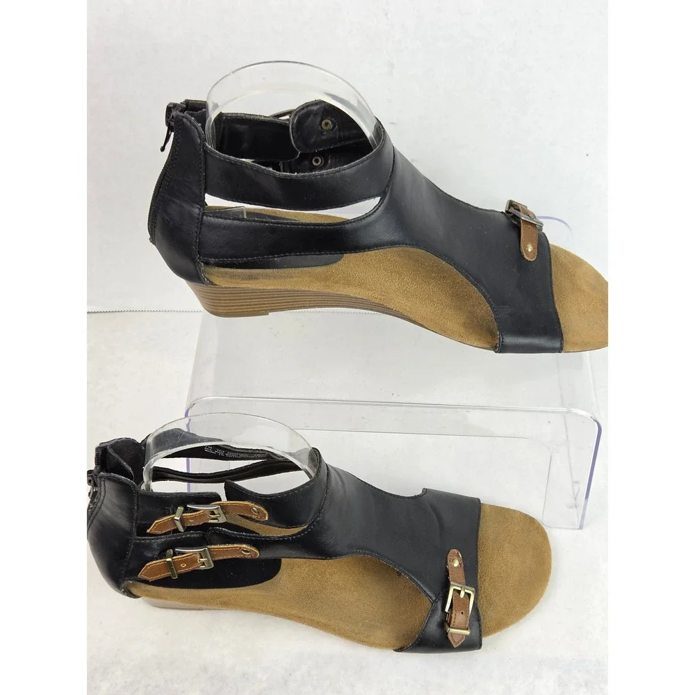 Aerosoles Womens 9 Yet Another Black Leather Wedge Sandals  Strappy Buckle